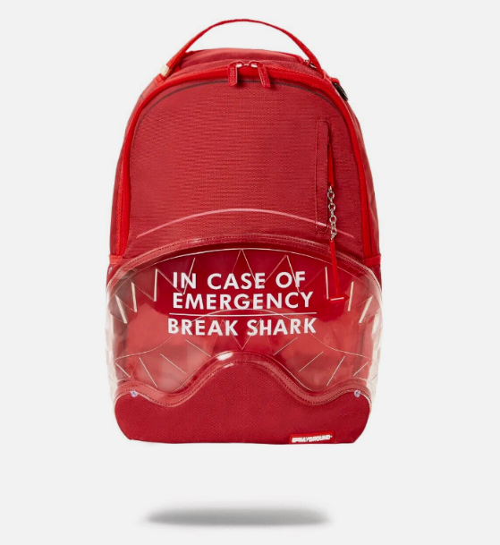 Sprayground Backpack In Case Of Emergency Break Shark Red Laptotp School Bag NEW