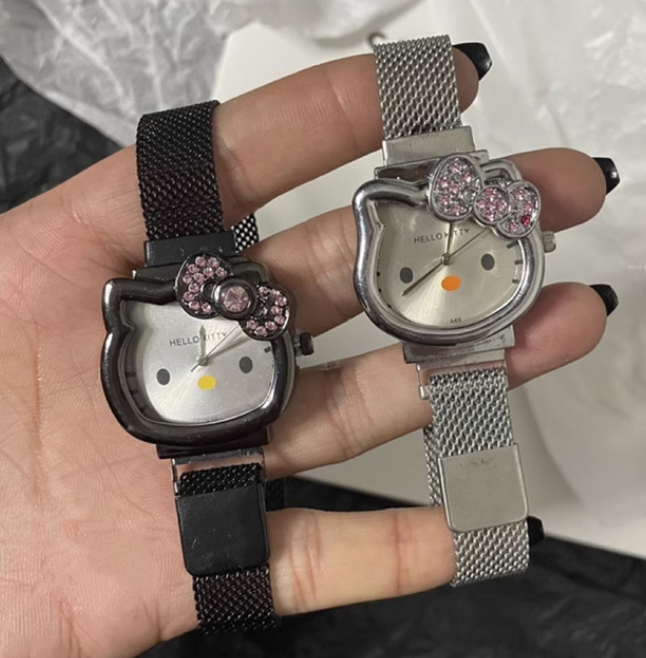 Hello Kitty Rhinestone Quartz Watch Metal Mesh Adjustment Belt Silver / Black
