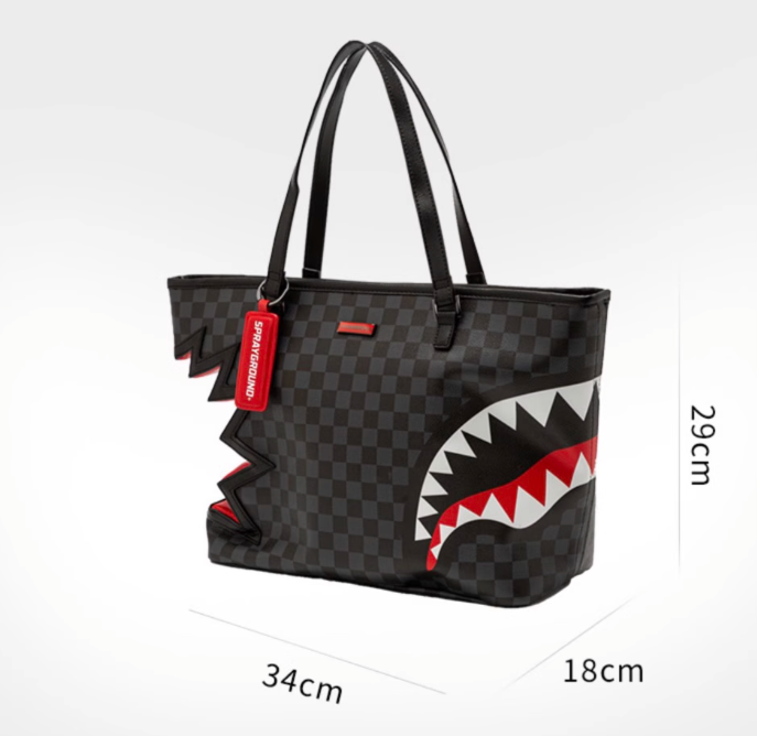 Sprayground Tote Bag Bite Shark Bag Women Men Handbag Black-Grey Checkered Shoulder Bag