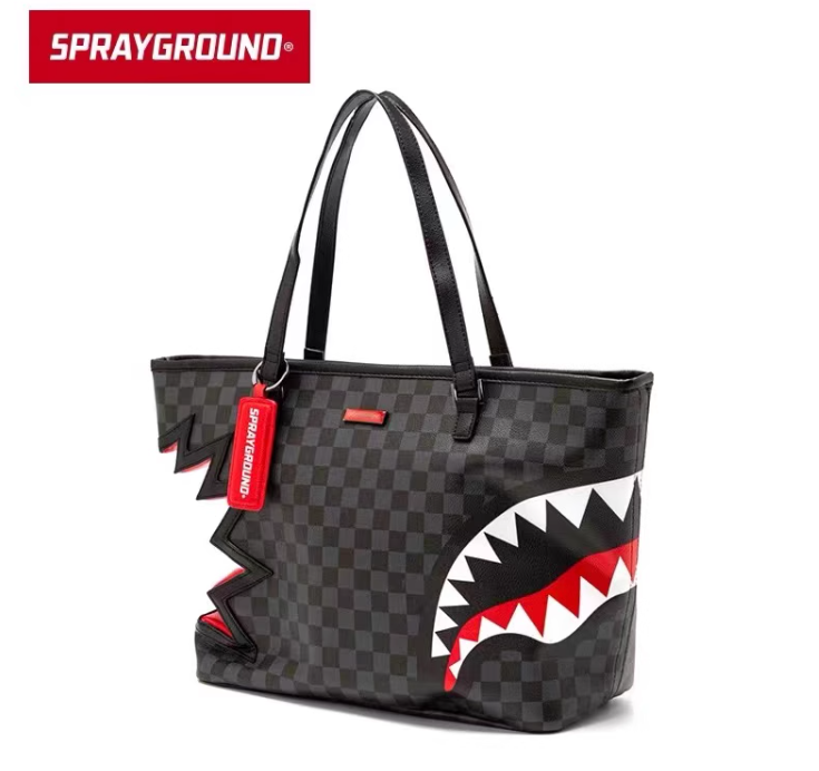 Sprayground Tote Bag Bite Shark Bag Women Men Handbag Black-Grey Checkered Shoulder Bag