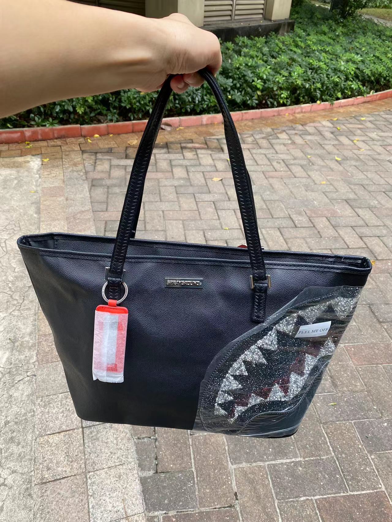 Sprayground Tote Bag Trinity Crystal Black Women Men Bag Shark Mouth Glitter