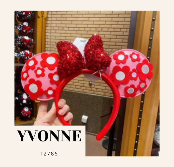 Disney Shanghai 2024 Minnie Mouse Red / Pink Floral Ear Headband Disneyland