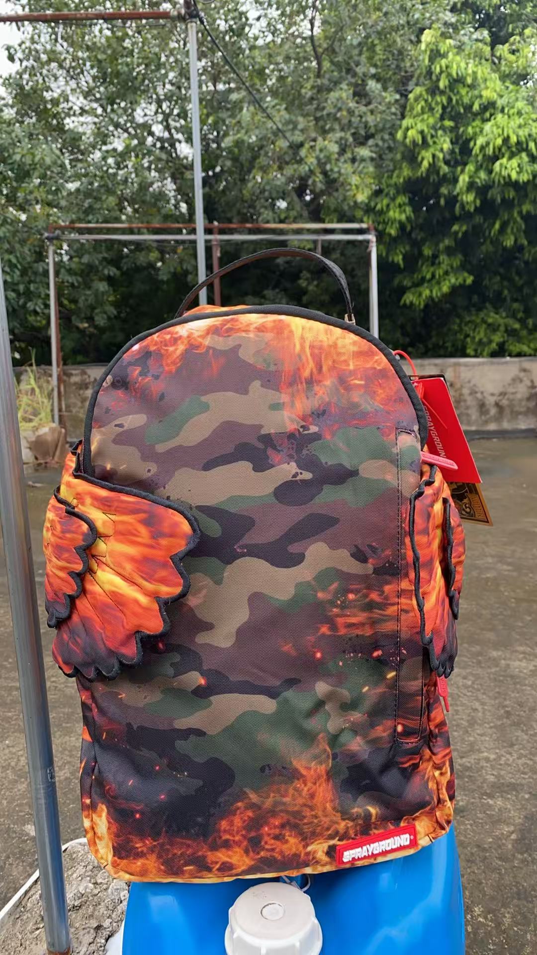 Sprayground Pyro Camo Backpack With wings Front View