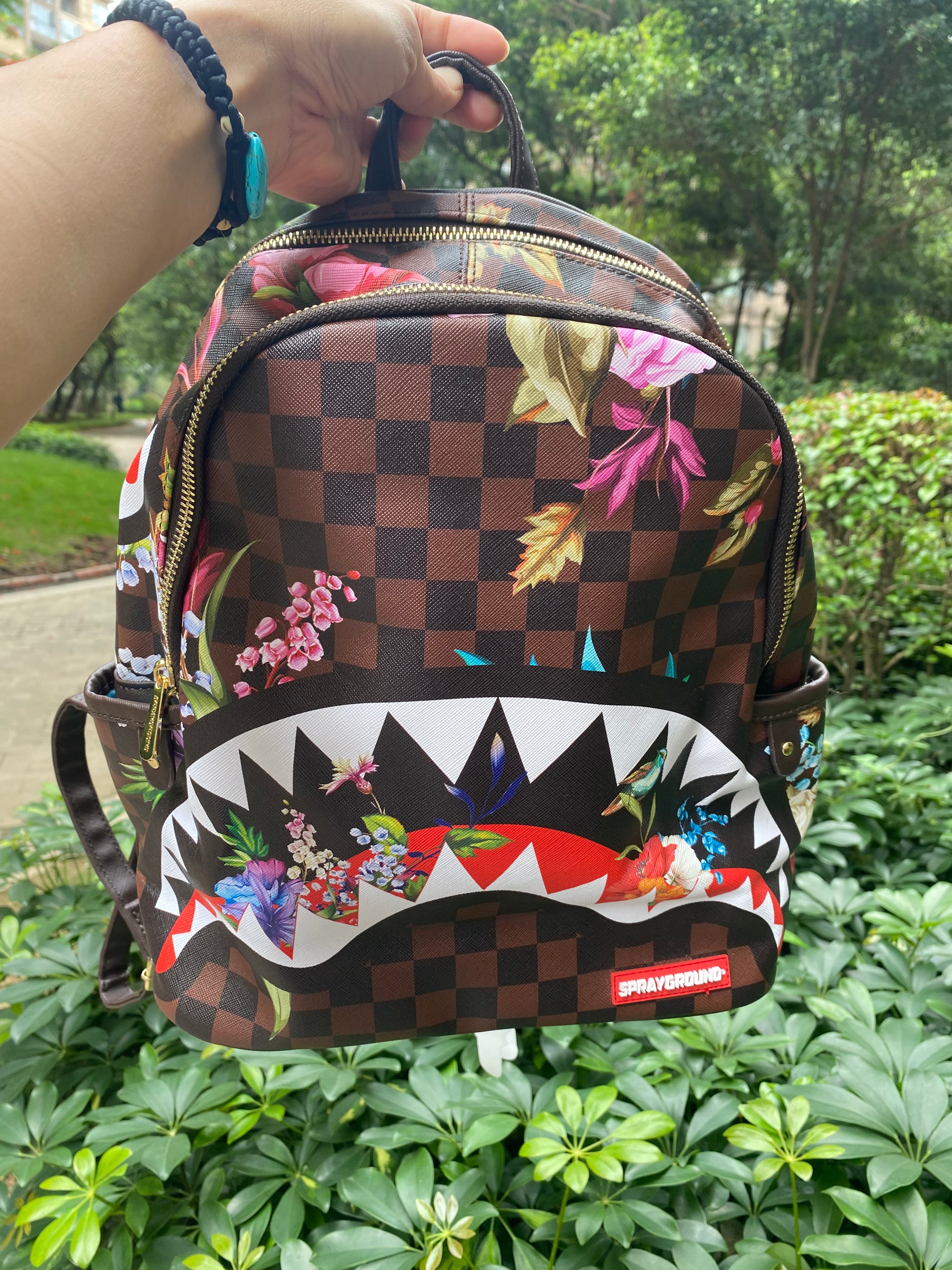 SPRAYGROUND Mini Backpack Garden Of Sharks Flower Checkered Laptop School Bag