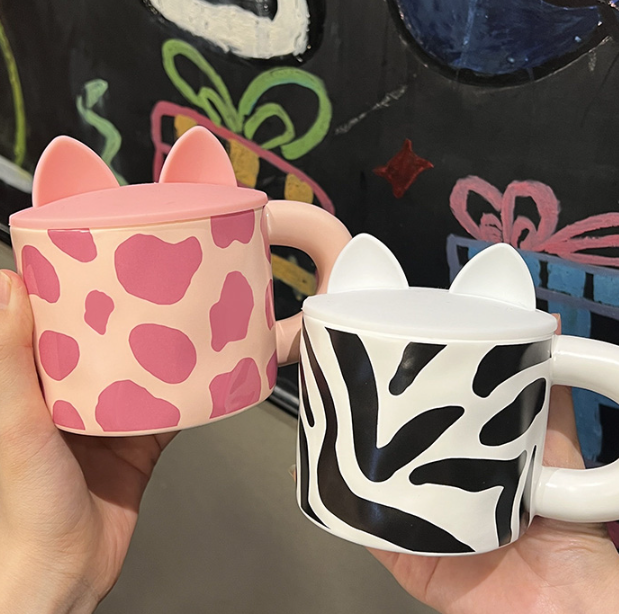 Pink Leopard - Zebra Stripes Ceramic Mug With Silicon Lid 13.5oz Cup