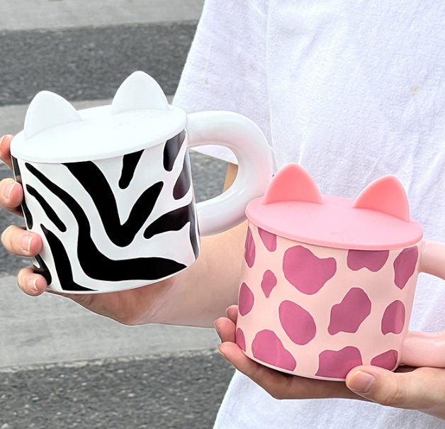 Pink Leopard - Zebra Stripes Ceramic Mug With Silicon Lid 13.5oz Cup