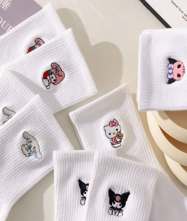 Cute Hello Kitty Kuromi Socks Set Of 5 White Socks Size 3-8