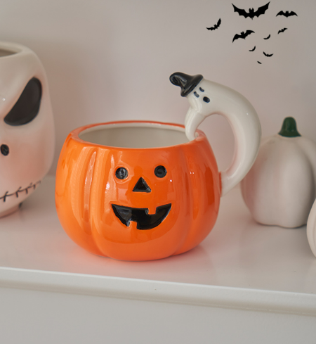 Halloween Set Of 2 Orange Pumpkin Mugs Ceramic Coffee Cup