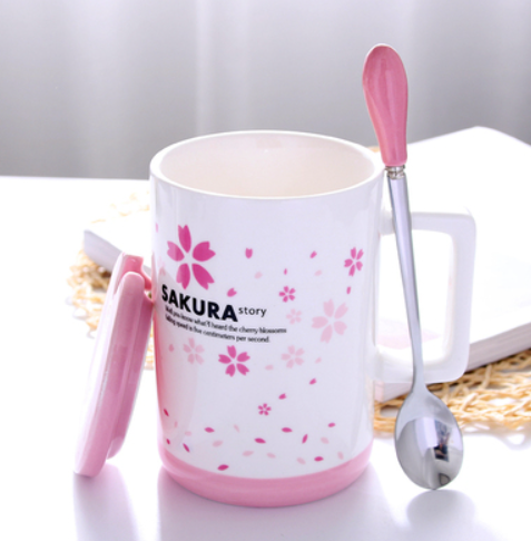 Sakura Ceramic Mug With Lid & Spoon White Pink Cup