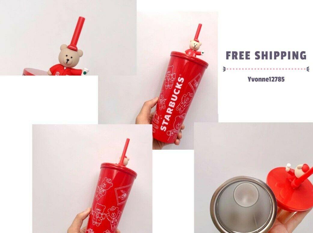 Starbucks 2020 China Bear Straw Cup Stainless Steel Red Tumbler 20oz Cold Water - Yvonne12785