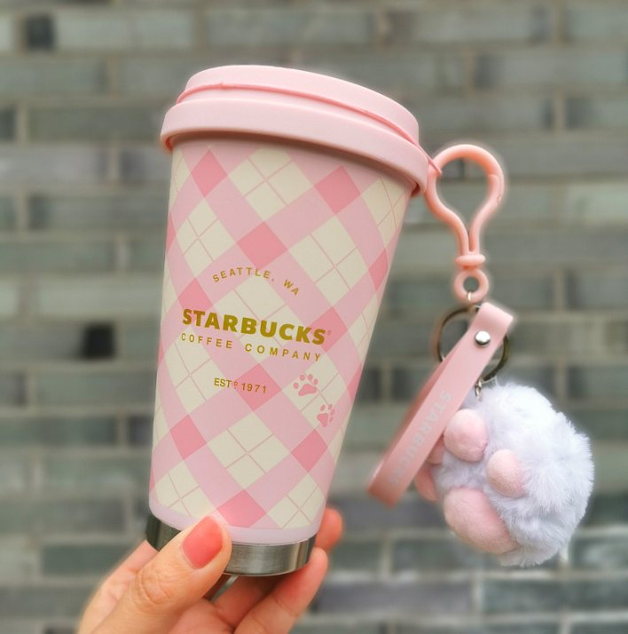 Starbucks 2020 China Sakura Pink Plaid 12oz Stainless Tumbler Cat Paw Keychain - Yvonne12785