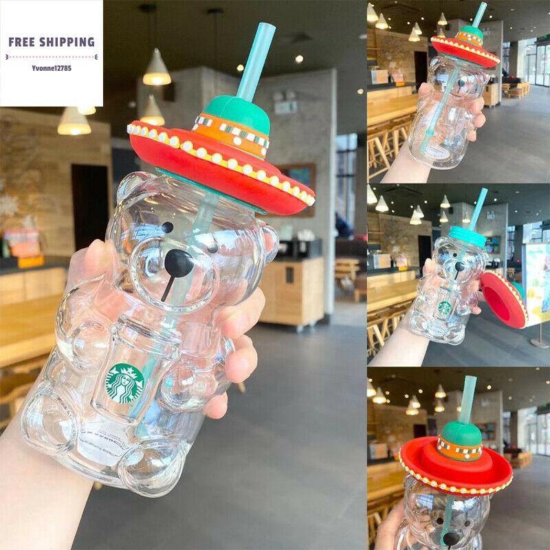 Starbucks 2020 China Summer Latin America Sombrero Bear 17oz Glass Straw Cup - Yvonne12785