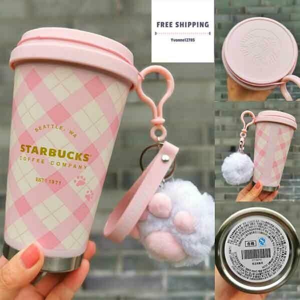 Starbucks 2020 China Sakura Pink Plaid 12oz Stainless Tumbler Cat Paw Keychain - Yvonne12785