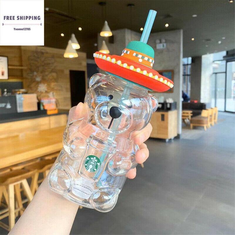 Starbucks 2020 China Summer Latin America Sombrero Bear 17oz Glass Straw Cup - Yvonne12785