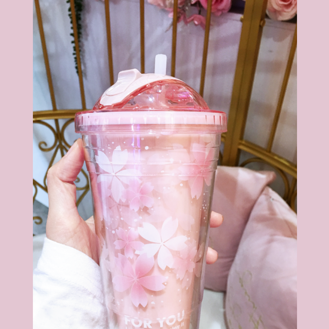 Pink / Blue Cherry Blossom Sakura Glitter Sequins Straw Cup 16oz Plastic Tumbler
