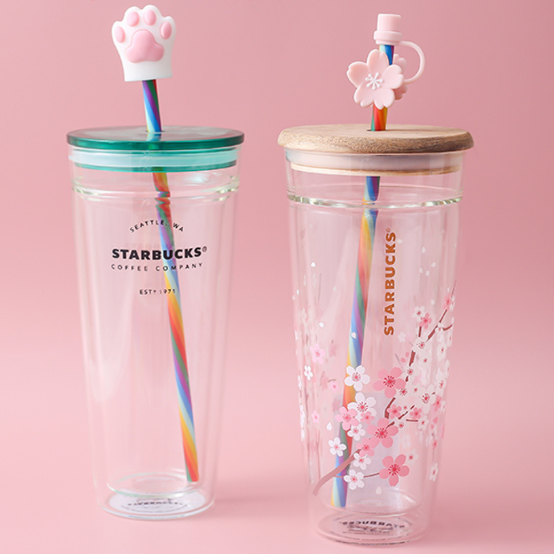 Cute Rainbow Straws 9.8" Length With Toppers For Starbucks Tumblers Set Of 8 Pcs (Straws+Toppers)