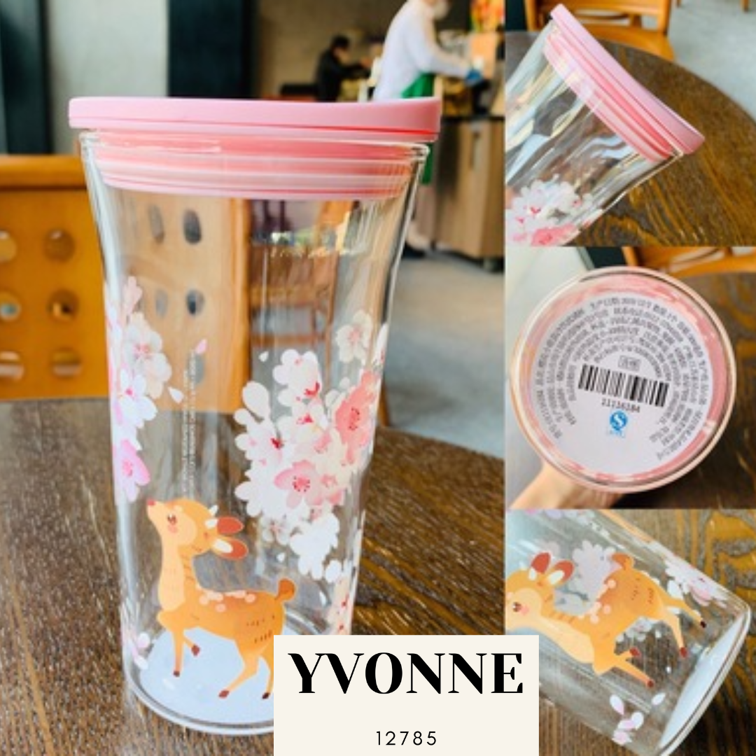 Starbucks 2020 China Glass Cup Sakura Cherry Blossom Deer 17oz Water Bottle