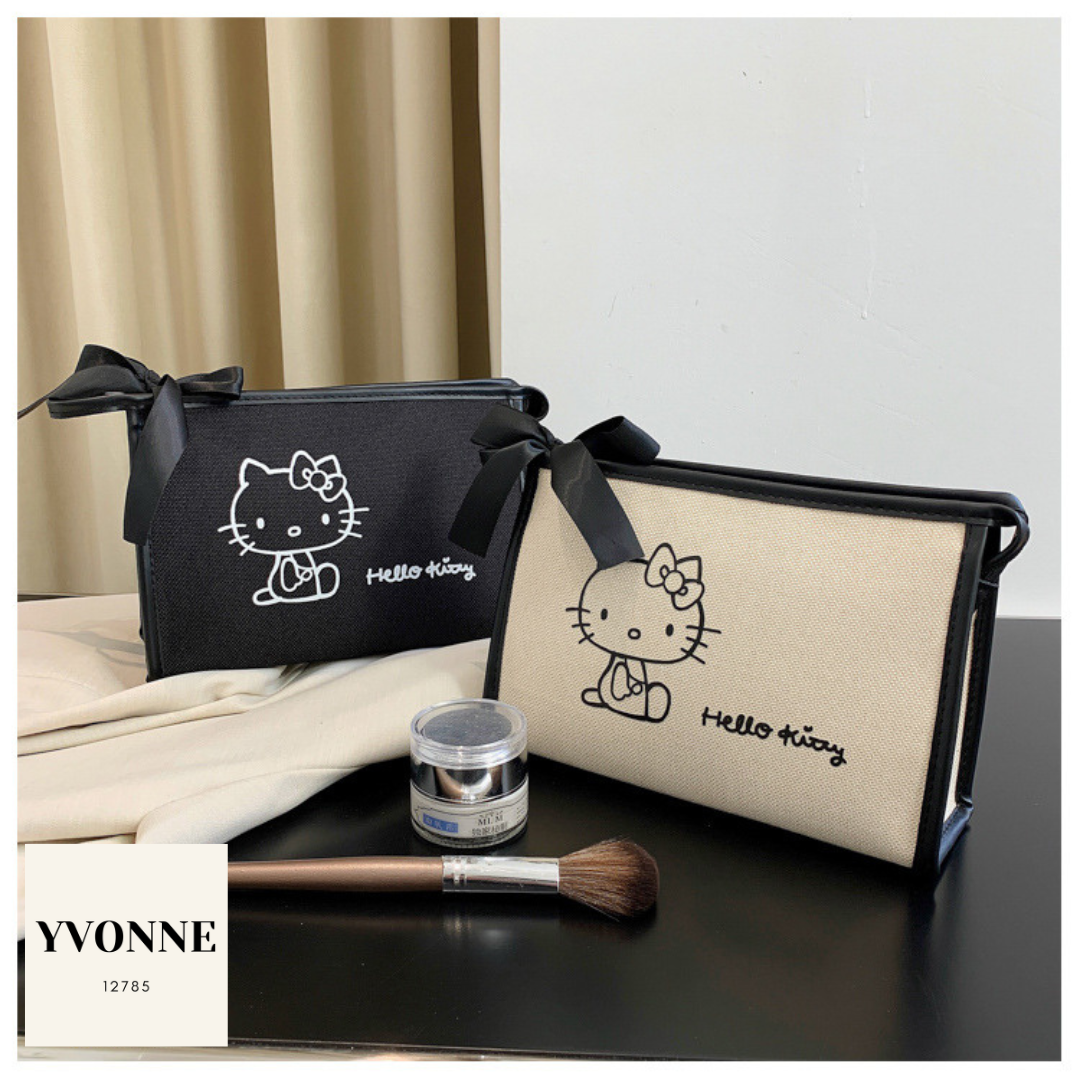 Hello Kitty Cosmetic Bag Portable Storage Washing Black / Beige Makeup Hand Bag