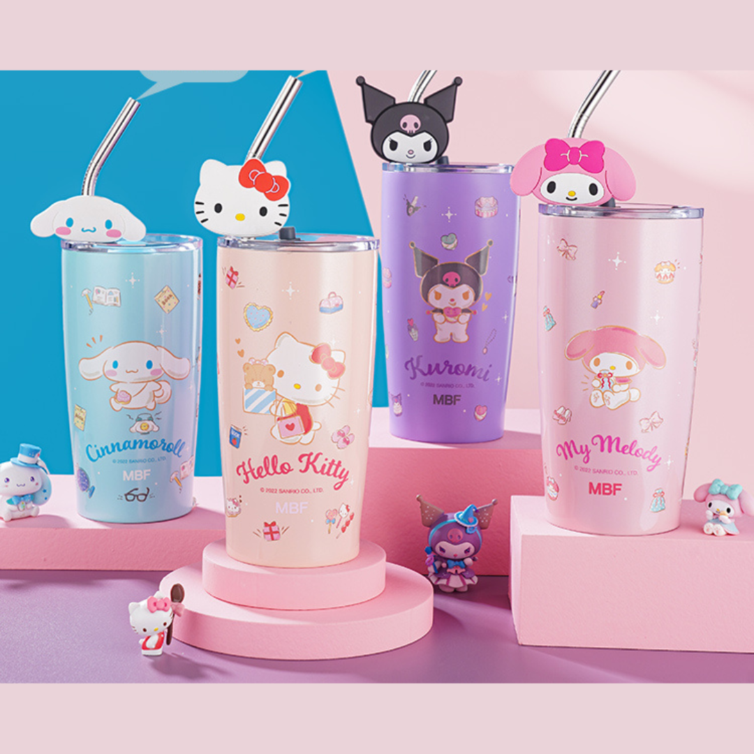 Sanrio Characters Stainless Steel Straw Cup 20oz Cartoon Hello Kitty Kuromi Melodi Yugui Tumbler With Topper