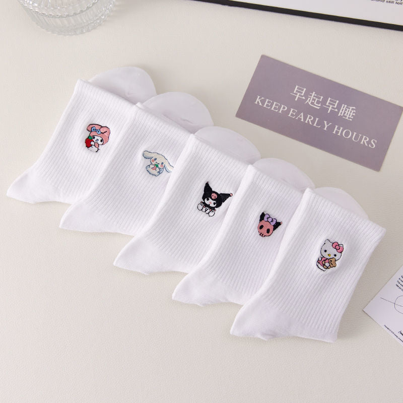 Cute Hello Kitty Kuromi Socks Set Of 5 White Socks Size 3-8