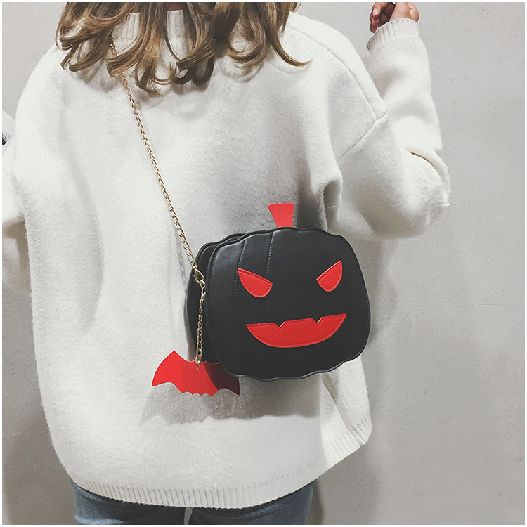 Halloween Women's Bag Fashion Pumpkin Chain Shoulder Bag Orange Black PU Zipper Bag