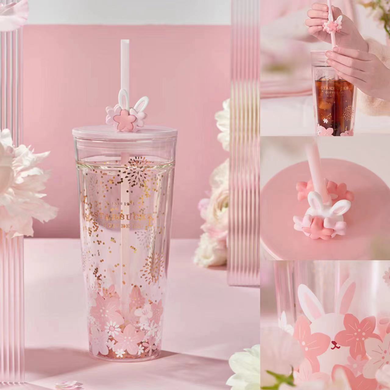 PRE ORDER 2023 Starbucks China Spring Pink Cherry Rabbit Flower 16oz Glass Straw Cup Tumbler