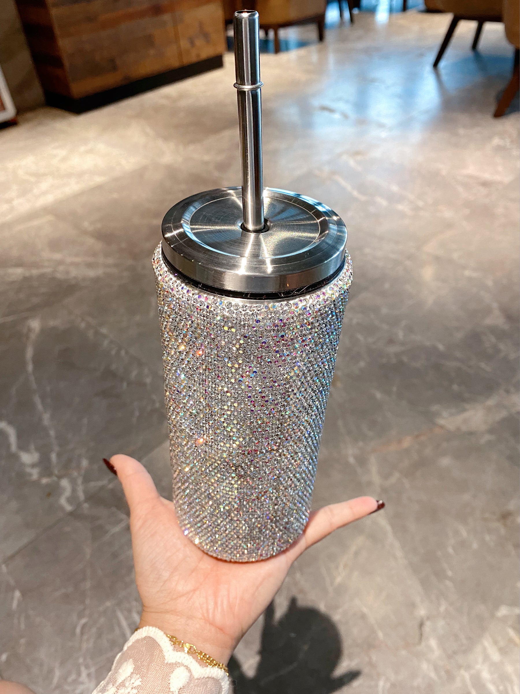 Bling Diamond Glitter Straw Cup Stainless Steel Coffee 17oz Thermos Tumbler