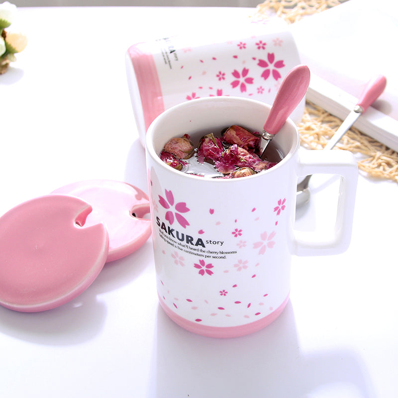 Sakura Ceramic Mug With Lid & Spoon White Pink Cup