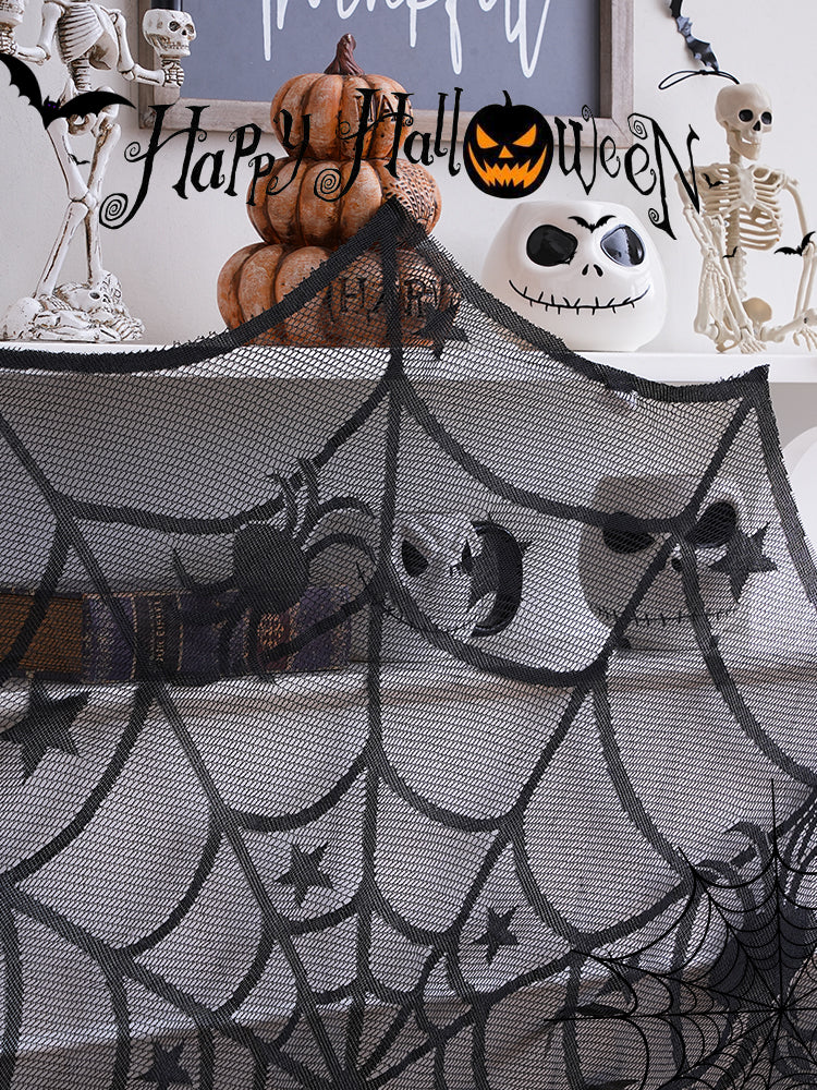 Halloween Black Round Spider Bat Mesh Tablecloth Runner Decoration Accessories