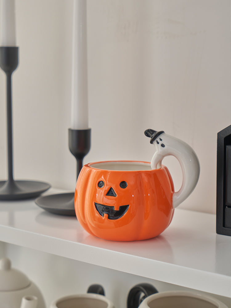 Halloween Set Of 2 Orange Pumpkin Mugs Ceramic Coffee Cup