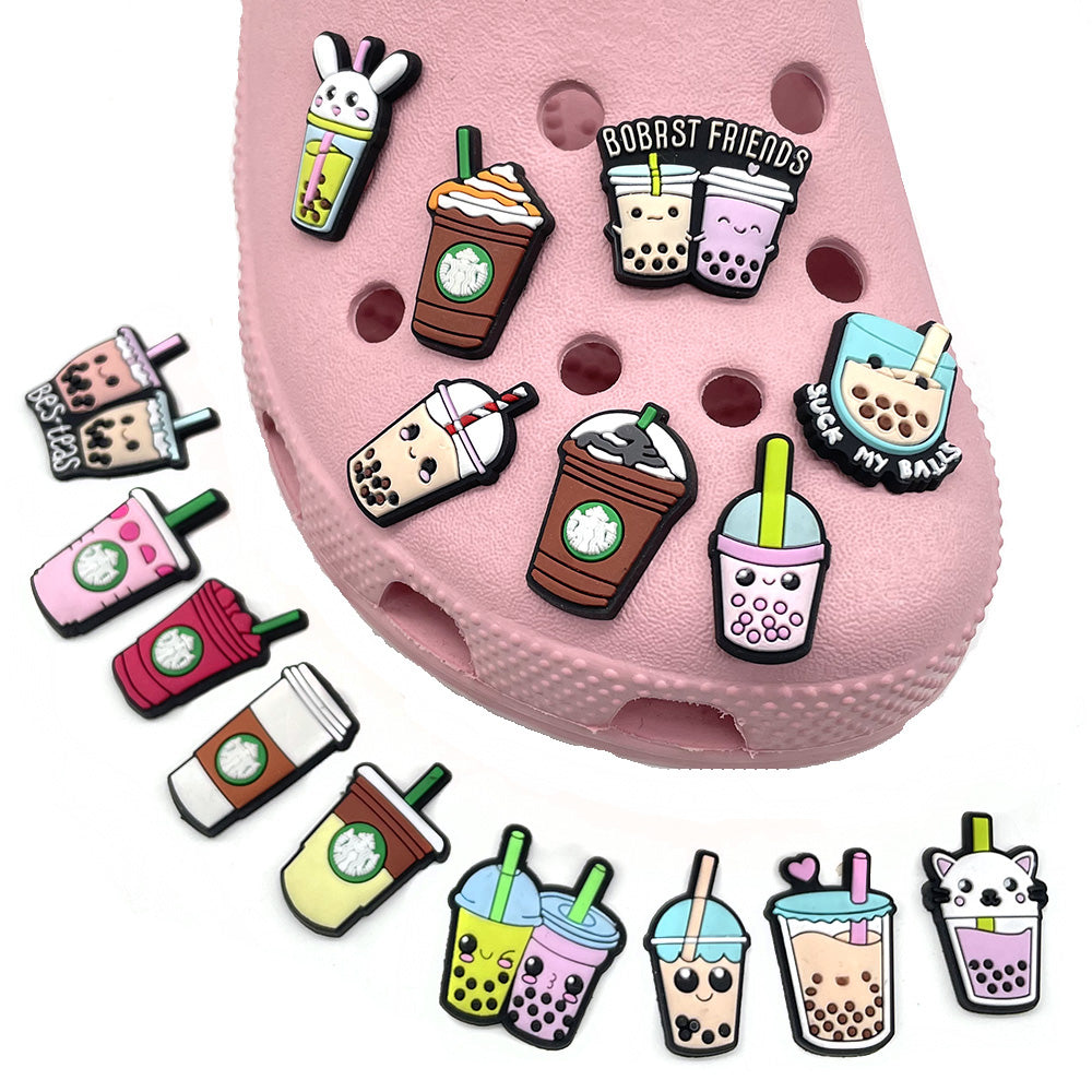 Cute Milk Tea Coffee Shoe Charms FOR Crocs & Bracelet & shoe Wristband Set Of 16 Pcs Cartoon Buckle
