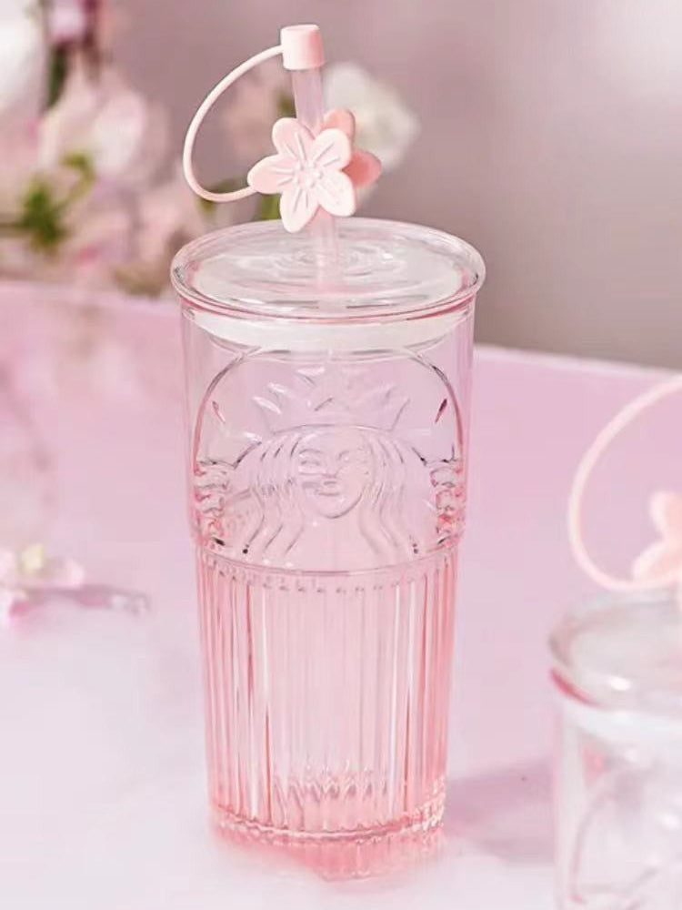 Starbucks 2023 China 18.5oz Cherry Blossom Goddess Sakura Glass Cup + Straw Topper