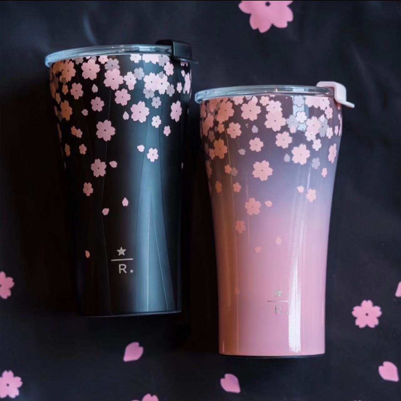 Starbucks China Shanghai 2023 Sakura Cherry Blossom Pink / Black Stainless Steel 12oz Cup