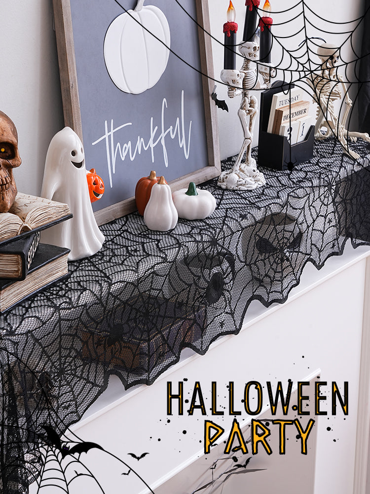 Halloween Black Spider Bat Mesh Tablecloth Runner Decoration Accessories