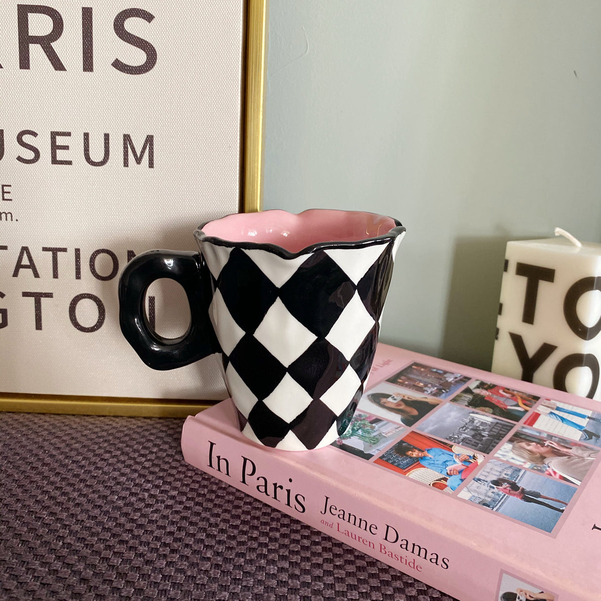 Black And White Checkerboard Mug Ceramic 8.7oz Pink Coffee Cup