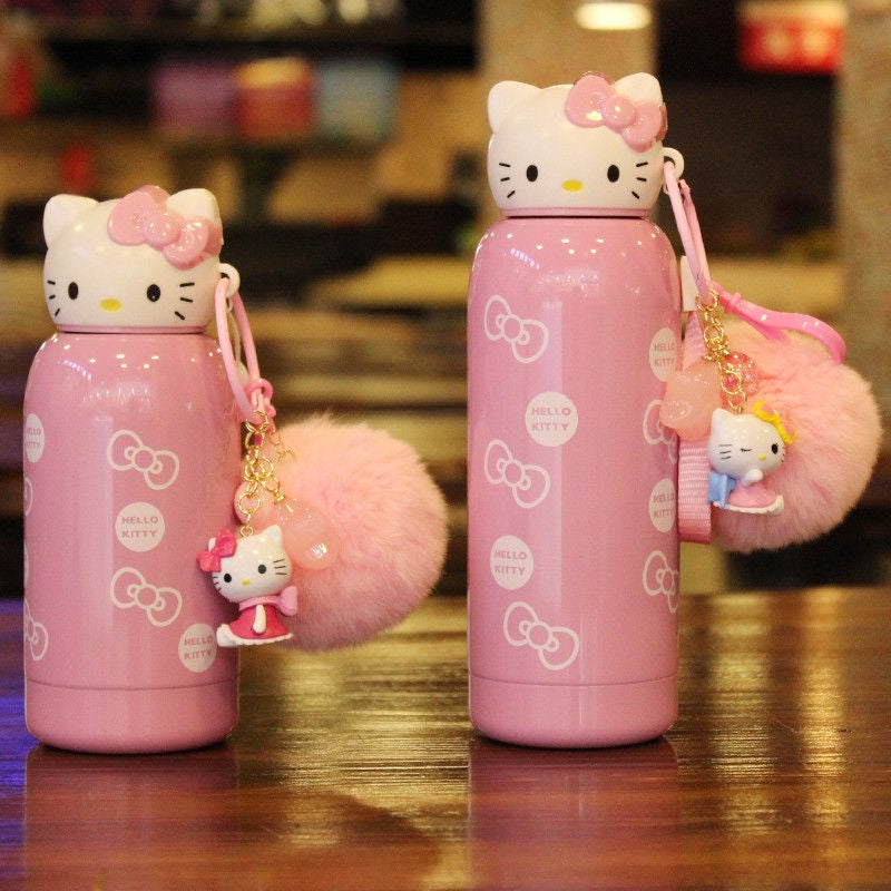 Hello Kitty Cold Water Stainlesss Steel Bottle With Pendant Pink Cup With Cover 6.7oz / 9.4oz