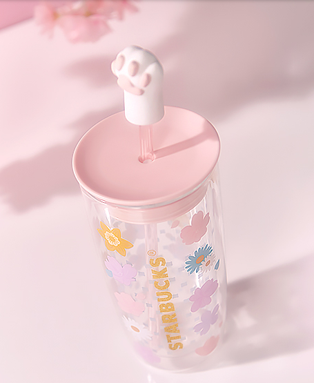 Starbucks Sakura Spring Style Straw Glass Cup Cute Double Layer 12oz Cat Paw Topper - Yvonne12785