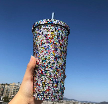 Unbranded Glitter Stainless Steel Insulated Water Straw Cup Diamond Bling Coffee Colorful 17oz Tumbler With Lid
