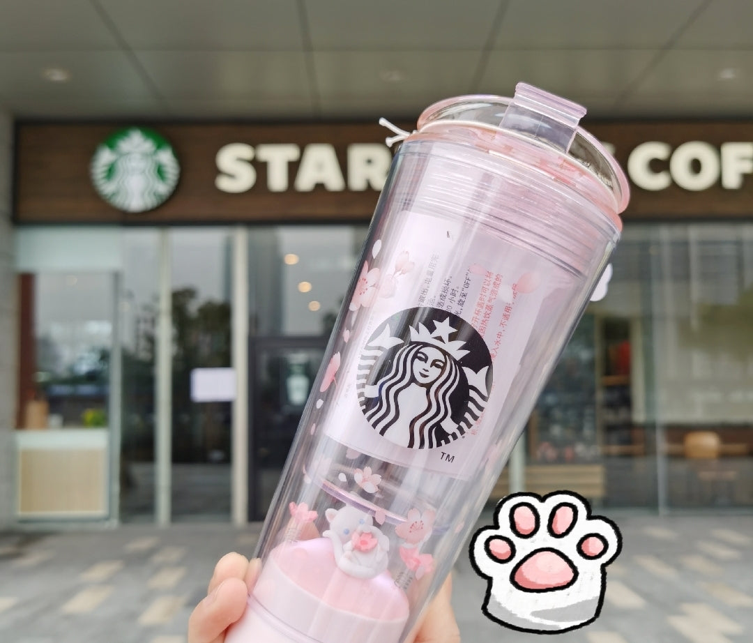 Starbucks 2020 China Pink Sakura Cherry Blossom Cat 10oz Led Water Cup Tumbler