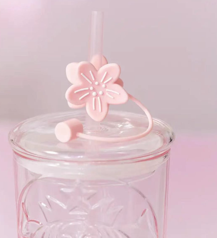 Starbucks 2023 China 18.5oz Cherry Blossom Goddess Sakura Glass Cup + Straw Topper