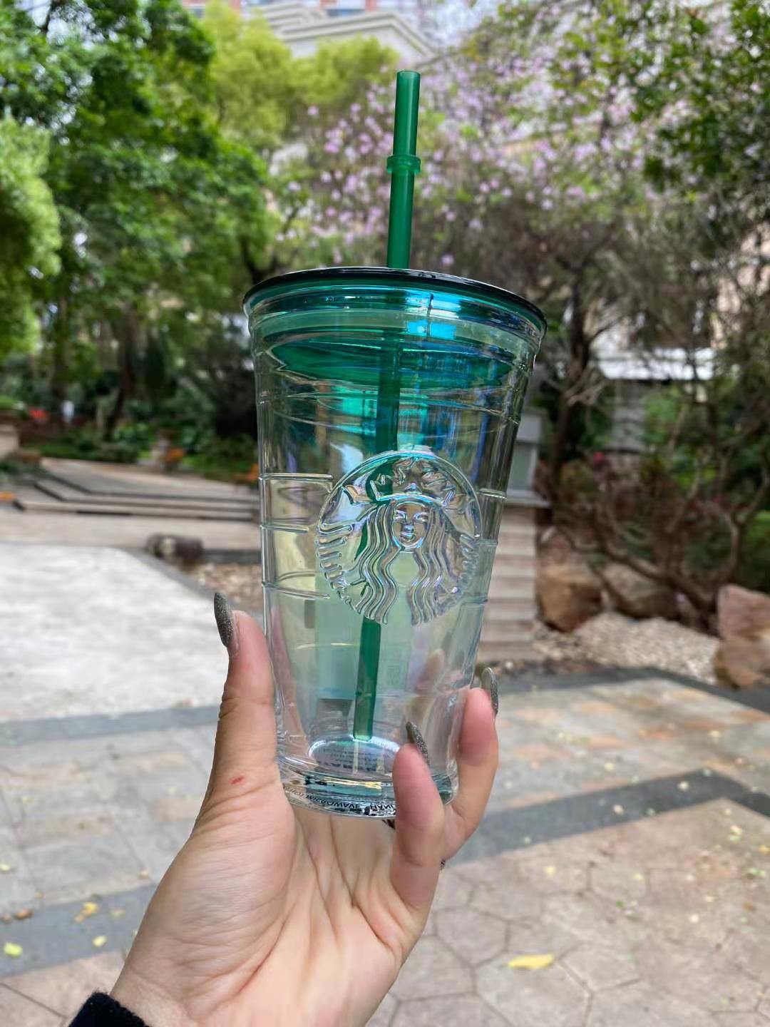 Korea Starbucks 2020 laser goddess logo Green Colorful Glass Straw Water Cup Tumbler 16oz - Yvonne12785