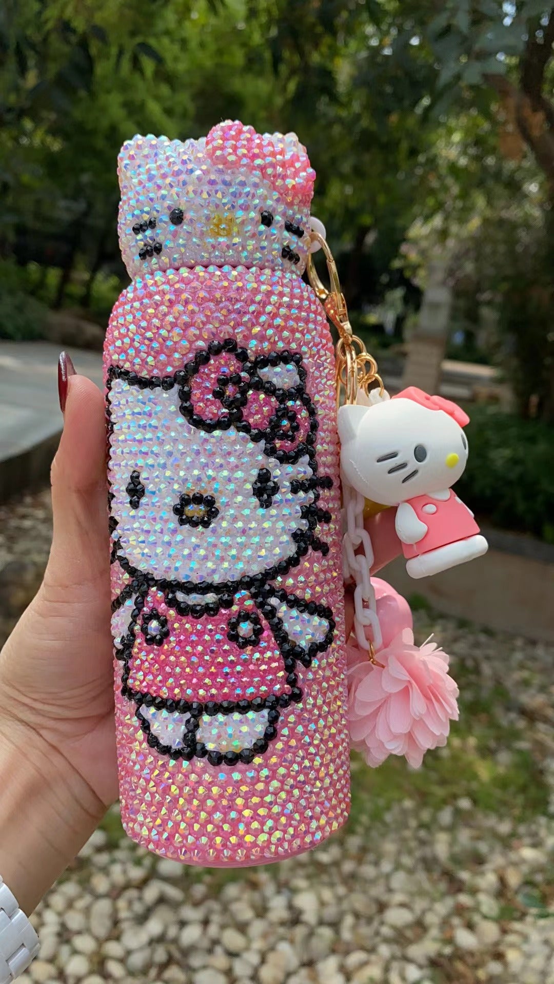 Hello Kitty Cold Water Bottle Pink Glitter Vacuum Flask Stainless Steel Cup 9.5oz