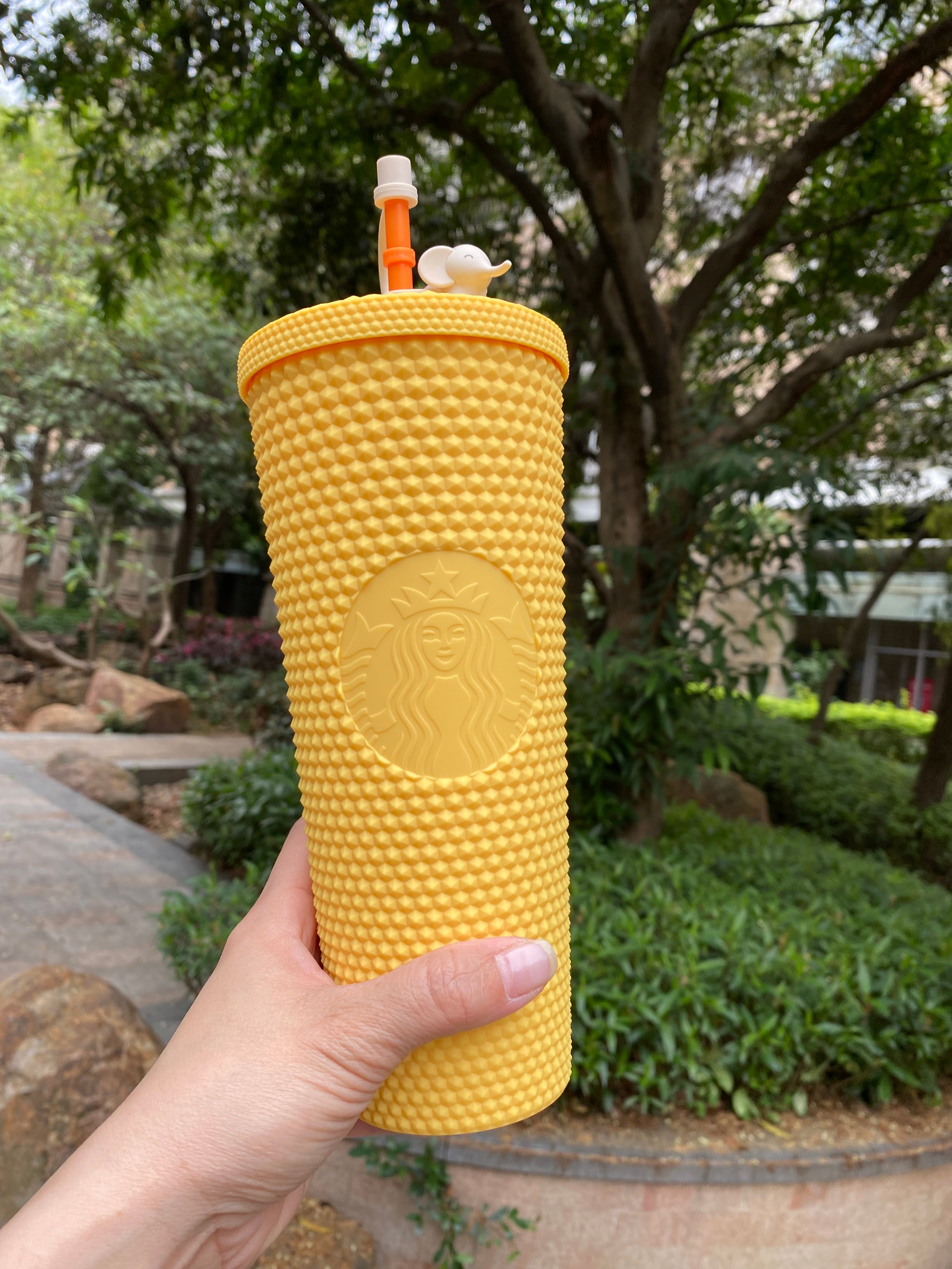 2023 Starbucks Taiwan Yellow Studded 24oz Straw Cup With Elephant Topper
