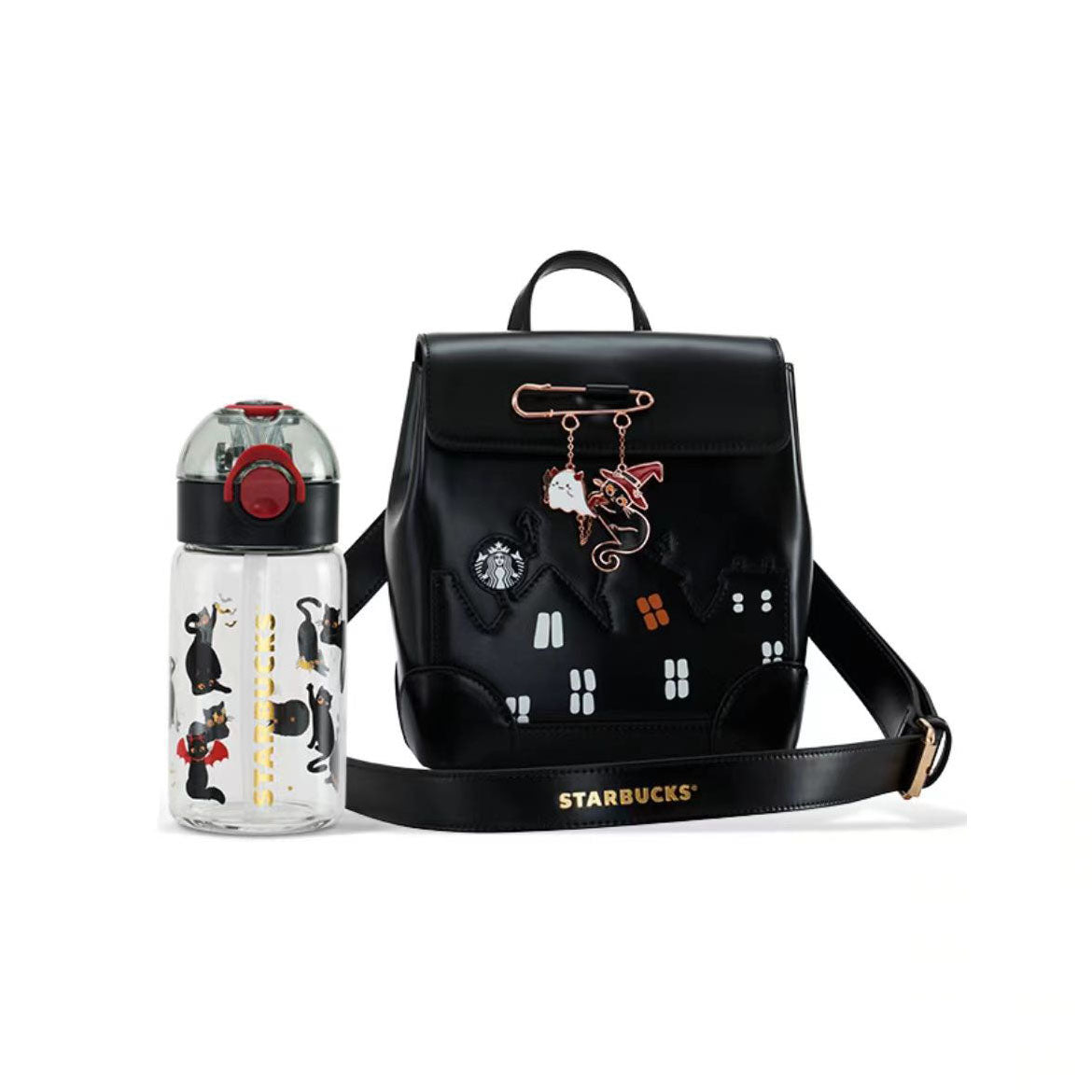 Starbucks 2021 China Halloween Black Cat Crossbody Bag With 17oz Glass  Straw Cup