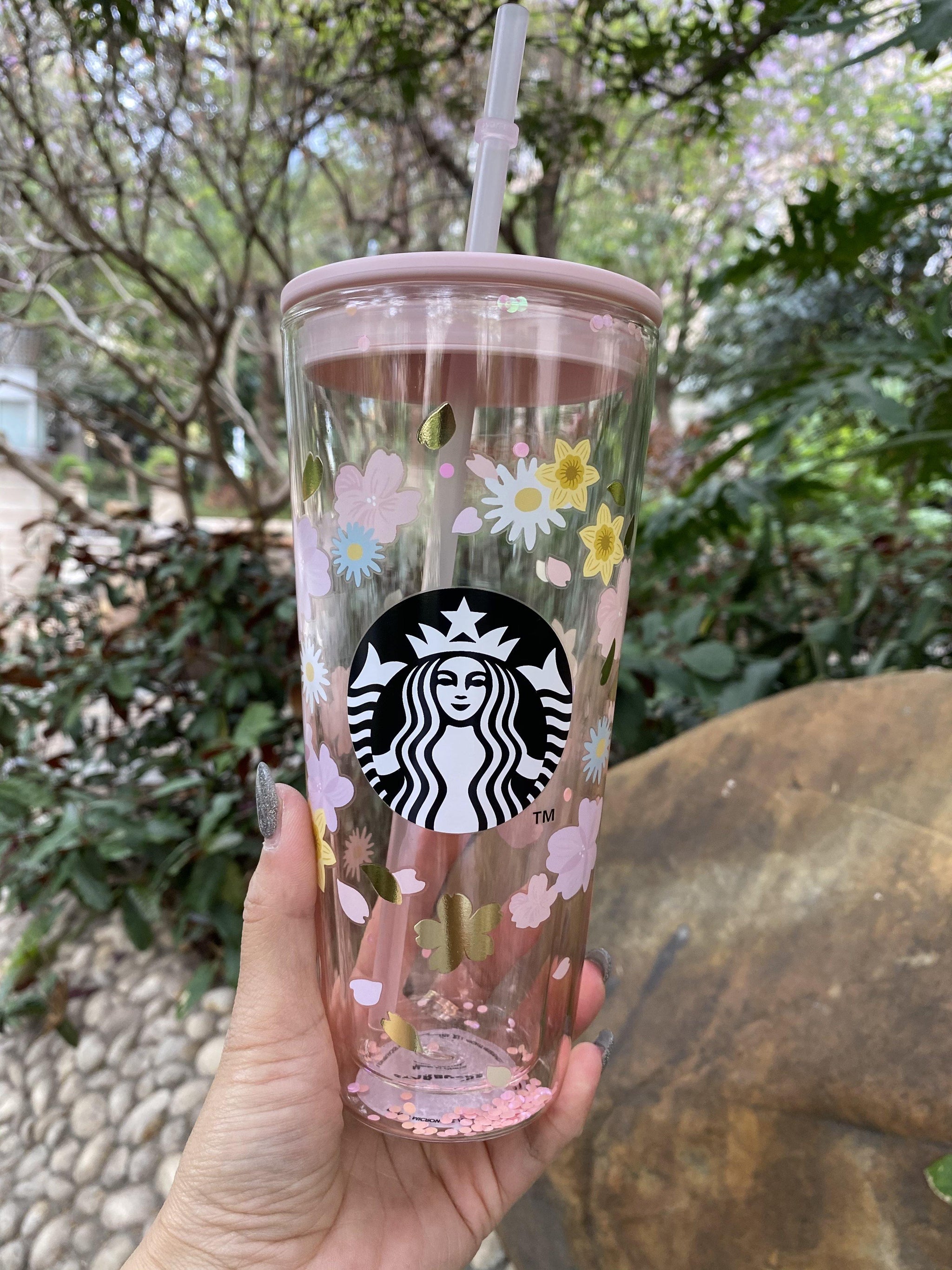 Starbucks Glass Cup Gradient Pink Sakura Tumbler Cherry Blossom Topper 