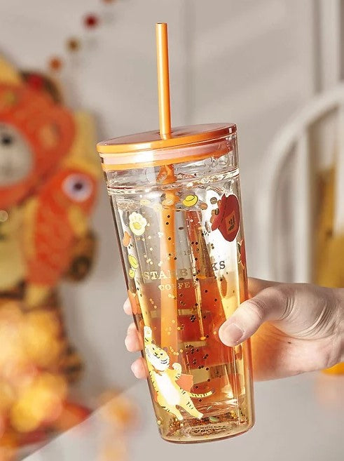 China 2022 Year Of The Tiger Glitter Double Wall Glass 20oz Straw Cup