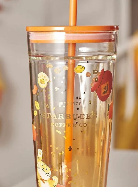 China 2022 Year Of The Tiger Glitter Double Wall Glass 20oz Straw Cup