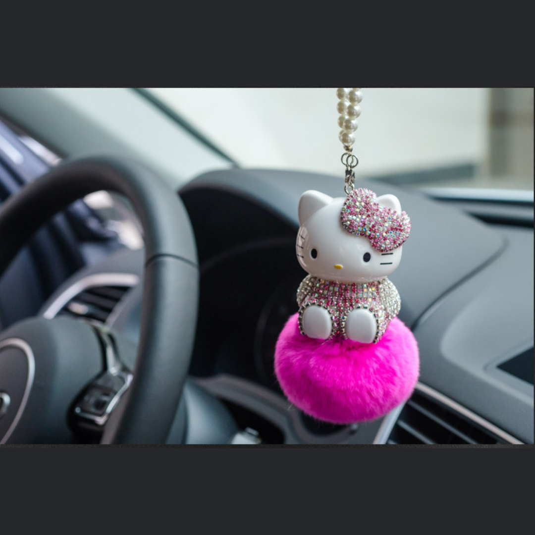 Hello Kitty Cute Pendant Hair Ball With Glitter Crystals Car Accessories