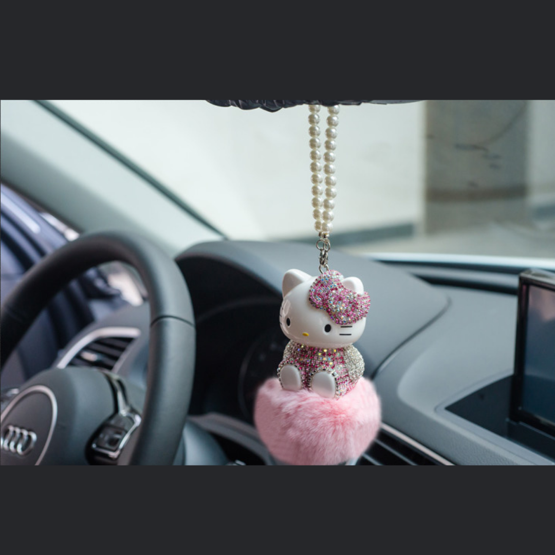 Hello Kitty Cute Pendant Hair Ball With Glitter Crystals Car Accessories