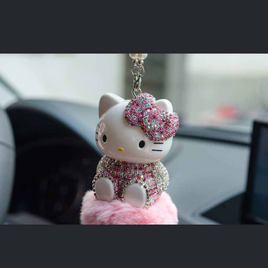 Hello Kitty Cute Pendant Hair Ball With Glitter Crystals Car Accessories